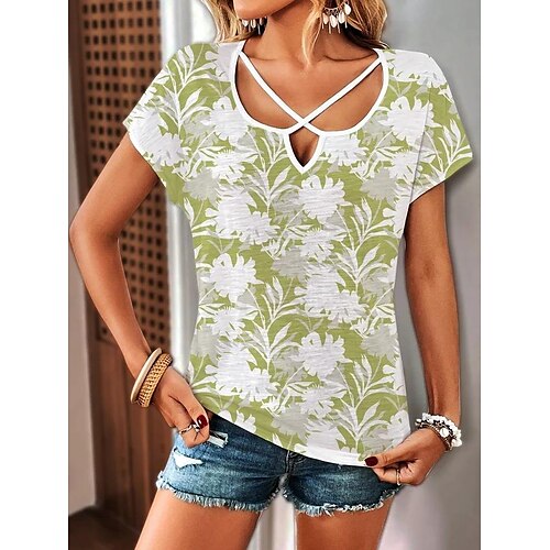 

Mujer Camiseta Verde Trébol Floral Estampado Manga Corta Casual Festivos Básico Escote en Pico Regular Flor Pintura S