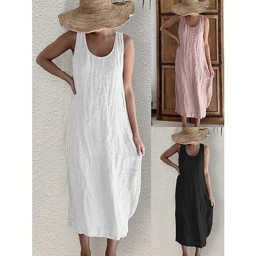 

Women's Casual Dress Cotton Linen Dress Shift Dress Midi Dress Bamboo Modern Casual Daily U Neck Ruched Sleeveless Summer Spring 2023 Regular Fit Black White Pink Pure Color S M L XL 2XL