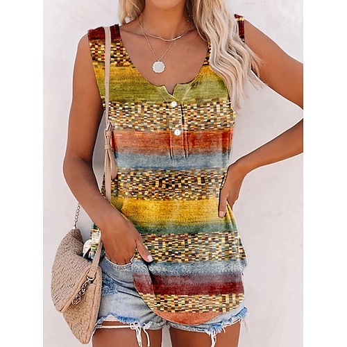 

Débardeur Femme Jaune Orange Vert Bloc de couleur Bouton Imprimer Sans Manches Casual basique Col en U Normal Standard S