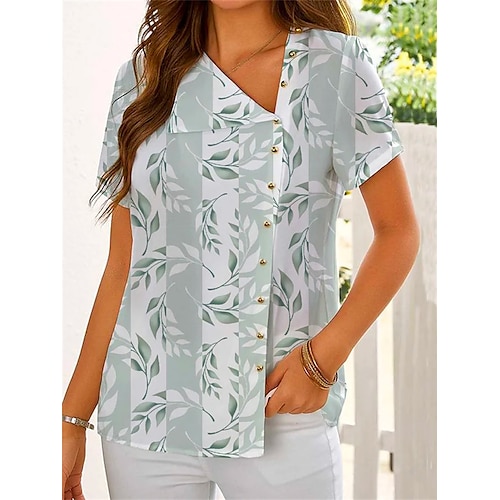 

Mulheres Camisa Social Blusa Verde Folha Botão Imprimir Manga Curta Casual Feriado Básico Decote V Padrão Tema Flores S