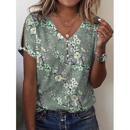 

Women's T shirt Tee Blouse Grass Green Yellow Red Floral Cut Out Print Short Sleeve Casual Holiday Basic V Neck Regular Floral S