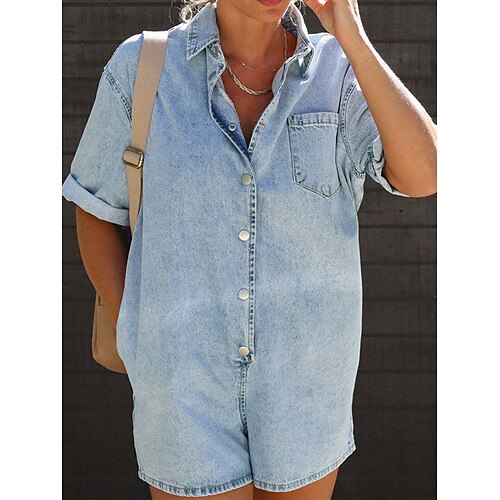 

Damen Kurz Jumpsuit Taste Tasche Feste Farbe Hemdkragen Strassenmode Brautkleider schlicht Strasse Täglich Regular Fit Kurzarm Schwarz Marineblau Leicht Blau S M L XL Sommer