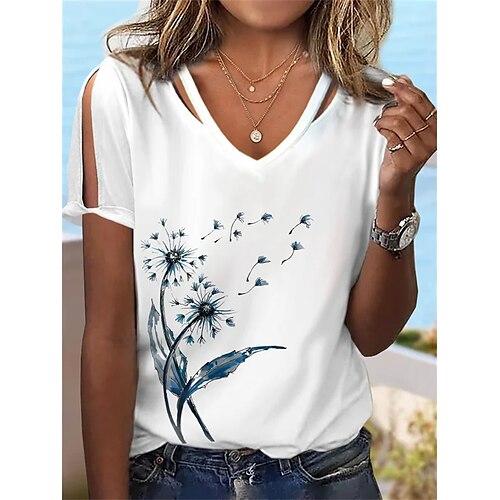 

Damen T Shirt Weiß Hellgrün Blau Löwenzahn Ausgeschnitten Bedruckt Kurzarm Festtage Wochenende Basic V Ausschnitt Standard Blume Farbe S