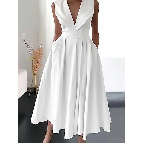 

Women's Party Dress Swing Dress White Dress Midi Dress White Sleeveless Pure Color Ruched Summer Spring V Neck Fashion Birthday Wedding Guest Vacation Loose Fit 2023 S M L XL 2XL 3XL