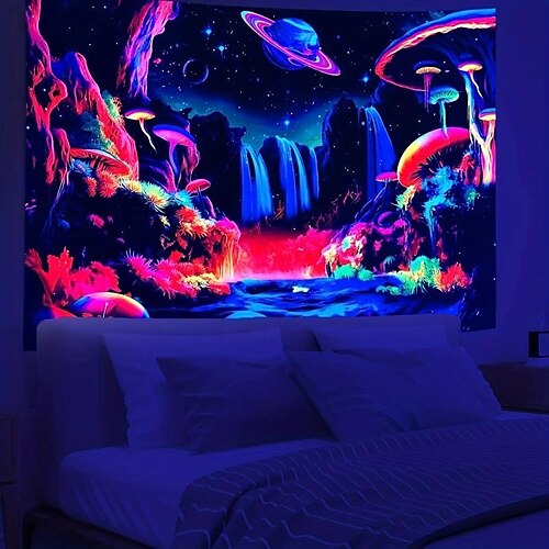 

tapeçaria cogumelo galáxia luz negra uv reativo trippy enevoado cogumelo natureza paisagem tapeçaria pendurada parede arte mural para sala de estar quarto