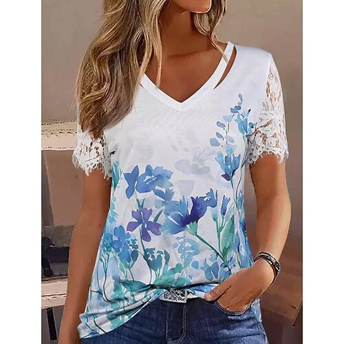 

Mulheres Camiseta Blusa Branco Floral Imprimir Manga Curta Casual Feriado Básico Decote V Padrão Tema Flores S