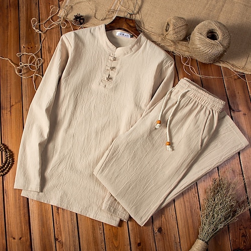 

Men's Shirt Shirt Set Summer Shirt Beach Shirt Black Navy Blue Khaki Long Sleeve Plain Collar Spring Summer Casual Daily Clothing Apparel 2 Piece