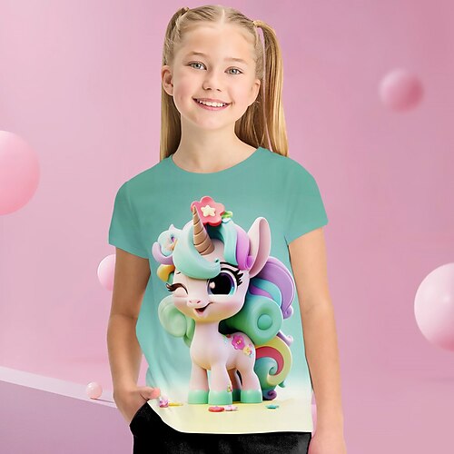 

Mädchen T-Shirt Kurzarm T-Shirt Graphic Karikatur Einhorn 3D-Druck Aktiv Modisch Kuschelig Polyester Outdoor Casual Täglich kinderkleidung Rundhalsausschnitt 3-12 Jahre 3D-gedruckte Grafik Regular Fit