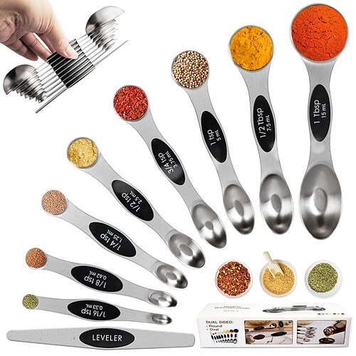 Magnetic Measuring Spoons Set of 9, Dual Sided Stainless Steel Measuring