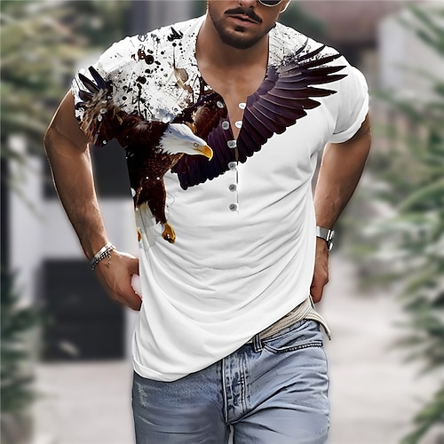 

Men's Shirt Linen Shirt Animal Graphic Prints Eagle Collarless White Blue Orange Green Outdoor Street Short Sleeve Print Clothing Apparel Linen Fashion Streetwear Designer Casual