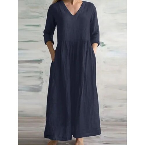 

Mujer Vestido informal Vestido de lino de algodón Vestido de una línea Vestido largo maxi Mezcla de Algodón Moda Moderno Exterior Diario Vacaciones Escote en Pico Frunce Manga 3/4 Verano Primavera