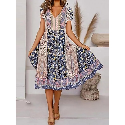 

Tenue décontractée Robe ethnique Robe Évasée Femme Floral Tribal Imprimer Col V Mode Elégant Extérieur du quotidien Manche Courte Ample Bleu Eté Printemps S M L XL XXL