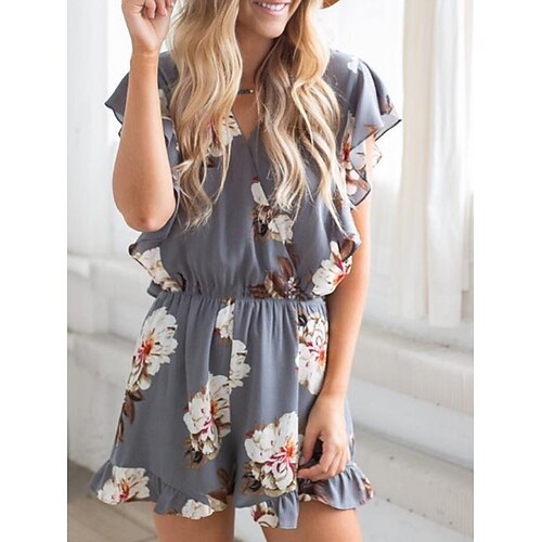 

Women's Romper Print Floral V Neck Streetwear Street Daily Regular Fit Short Sleeve Red Gray S M L Summer
