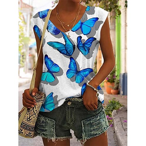 

Women's Tank Top Blue Light Blue Butterfly Print Sleeveless Holiday Basic V Neck Regular Butterfly S