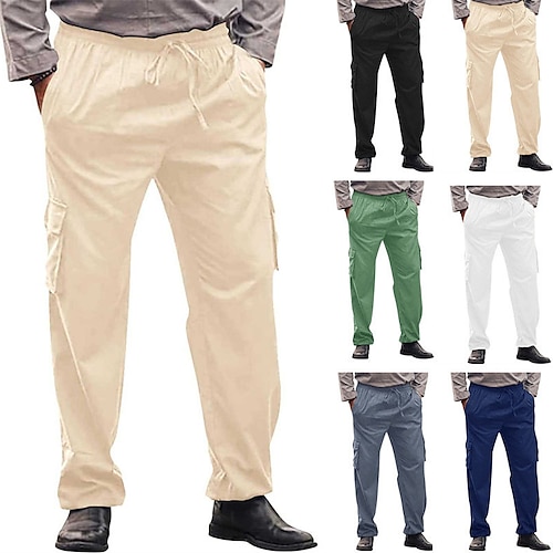 

Homens Calças de linho Calças Calça verão Com Cordão Cintura elástica Bolso multi Tecido Conforto Respirável Ao ar livre Diário Para Noite Misto de Algodão e Linho Moda Casual Preto Branco