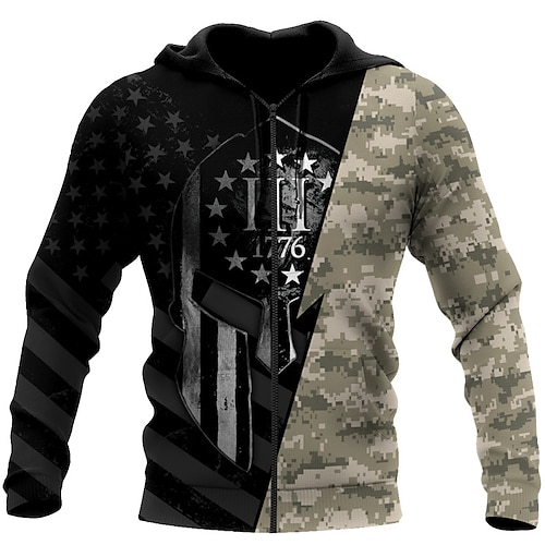 

Herren Kapuzenshirt mit durchgehendem Reißverschluss Jacke Schwarz Mit Kapuze Tarnfarben Grafik-Drucke Nationalflagge Zip Bedruckt Sport Natur Täglich Sport 3D-Druck Strassenmode Designer