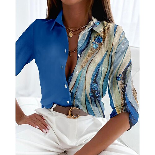 

Mulheres Camisa Social Blusa Vermelho Azul Verde Gráfico Abstrato Botão Imprimir Manga Longa Casual Básico Colarinho de Camisa Padrão S