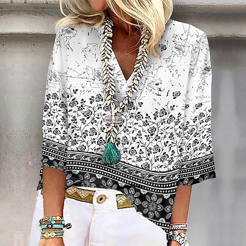 

Women's Shirt Blouse White Blue Purple Floral Print Half Sleeve Casual Holiday Ethnic Boho V Neck Regular Floral S