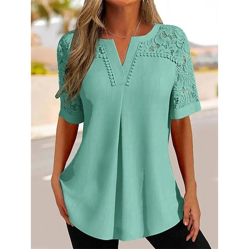 

Mujer Camisa Blusa Verde Trébol Plano Encaje Manga Corta Casual Básico Escote en Pico Regular S