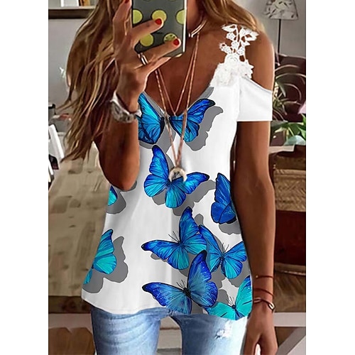 

Mulheres Camiseta Branco Azul Real Azul Floral Borboleta Renda Com Corte Manga Curta Feriado Final de semana Básico Decote V Padrão Tema Flores Borboleta Pintura S