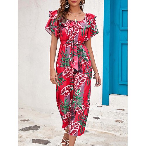 

Mulheres Macacão Cordões Frufru Floral Decote Quadrado Roupa de rua Rua Férias Normal Manga Curta Amarelo Rosa Vermelho S M L Verão