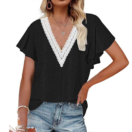 

Mujer Camisa Blusa Negro Blanco Amarillo Plano Cortado Ajuste de encaje Manga Corta Casual Básico Escote en Pico Regular S