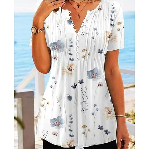 

Damen Hemd Bluse Weiß Blumen Taste Bedruckt Kurzarm Casual Festtage Basic Rundhalsausschnitt Standard Blume S