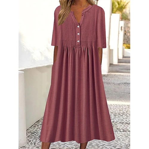 

Damen Casual kleid Baumwoll-Leinenkleid Midikleid Baumwollmischung Basic Klassisch Outdoor Täglich Urlaub Gespaltener Hals Rüschen Taste Kurzarm Sommer Frühling 2023 Lockere Passform Rote Glatt S M L