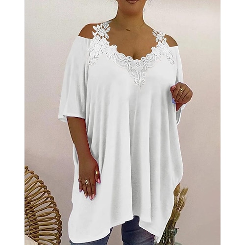 

Women's T shirt Tee Black White Pink Plain Lace Short Sleeve Daily Weekend Basic V Neck Long Plus Size XL