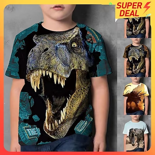 

Kids Boys' T shirt Tee Short Sleeve Dinosaur 3D Print Color Block Animal Crewneck Quick Dry Blue Yellow Khaki Children Tops Summer Basic Streetwear 3-12 Years