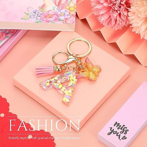 New Exquisite 26 Letter Resin Keychain with Pink Tassel Gradient