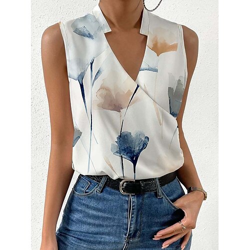

Women's Tank Top Floral White Blue Gray Print Sleeveless Casual Holiday Basic V Neck Regular Fit