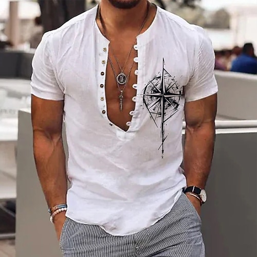 

Homme Chemise Chemise Lin Imprimés Photos Rétro Vintage Boussole Sans col Blanche Rose Claire Marron Vert Gris Extérieur Plein Air Manche Courte Imprimer Vêtement Tenue Lin Mode Vêtement de rue