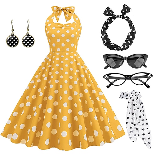 

Bolinhas Retro Vintage Anos 50 Vestido de uma linha Vestido swing Vestido Flare Mulheres Ocasiões Especiais Vintage Cosplay Festa / Noite Sem Manga Vestido