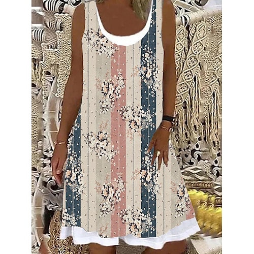 

Mulheres Vestido casual Vestido Tipo Regata Longa Vestido de verão Floral Listra Patchwork duas peças falsas Decote U Vestido midi Ativo Moda Ao ar livre Diário Sem Manga Normal Preto Amarelo Azul