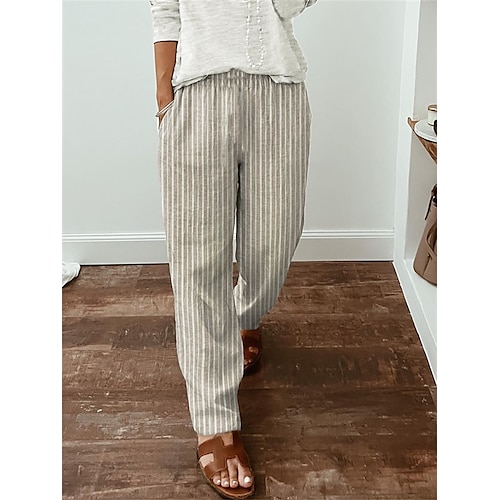 

Women's Wide Leg Linen Pants Pants Trousers Faux Linen Khaki High Waist Fashion Basic Casual Daily Weekend Side Pockets Baggy Full Length Comfort Striped S M L XL XXL