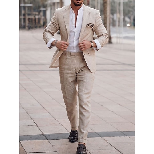 

Beige Men's Wedding Linen Suits Summer Beach Wedding Suits 2 Piece Solid Colored Tailored Fit Single Breasted Two-buttons 2023