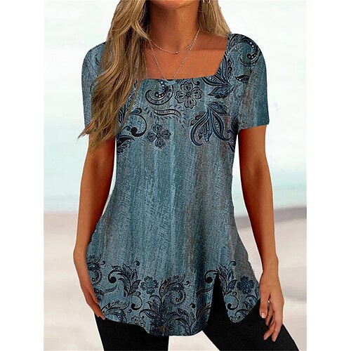 

Women's T shirt Tee Blue Floral Print Short Sleeve Casual Basic Square Neck Regular Floral S