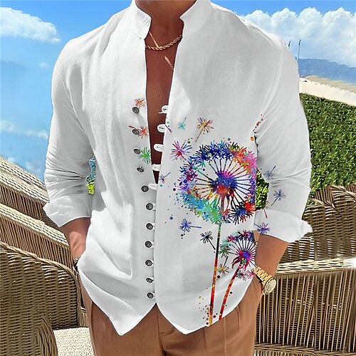 

Men's Shirt Linen Shirt Graphic Prints Dandelion Stand Collar Pink Purple Outdoor Street Long Sleeve Print Clothing Apparel Fashion Designer Casual Comfortable