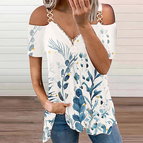 

Damen T Shirt Blau Purpur Grün Blumen Viertel Postleitzahl Bedruckt Kurzarm Casual Festtage Basic V Ausschnitt Standard Blume S