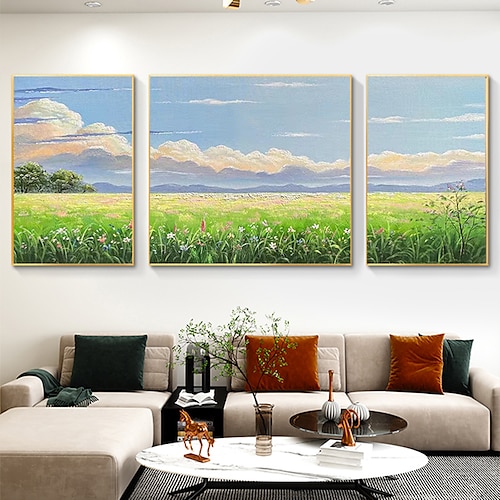 

décor d'art mural peinture à l'huile peinte à la main sur toile paysage photo3 pièces ciel bleu et paysage de fleurs pour la décoration de la maison sans cadre