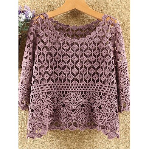 

Pull Maille Femme Crocheté Tricoter Troué Couleur unie Col Ras du Cou mode Décontractées du quotidien Sortie Manches 3/4 Eté Printemps Blanche Rose Claire M L XL