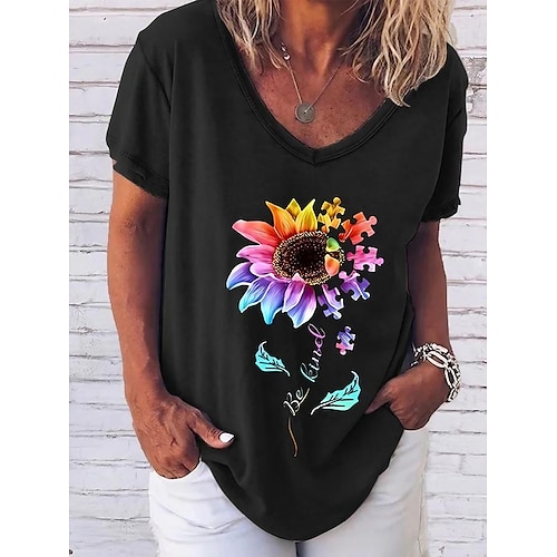 

T shirt Tee Femme Noir Blanche Rose Claire Spot Multicouleur Imprimer Manche Courte Vacances Fin de semaine basique Col V Normal Standard Fleur Peinture S