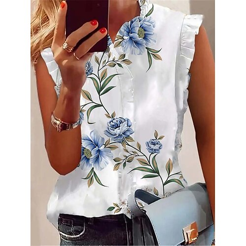 

Mulheres Malha Íntima Azul Azul Claro Floral Frufru Imprimir Sem Manga Casual Feriado Básico Colarinho Clerical Padrão Tema Flores S