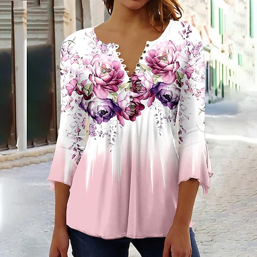 

Mujer Camisa Blusa Rosa Rojo Azul Piscina Floral Botón Estampado Manga 3/4 Festivos Básico Escote Redondo Regular Flor S