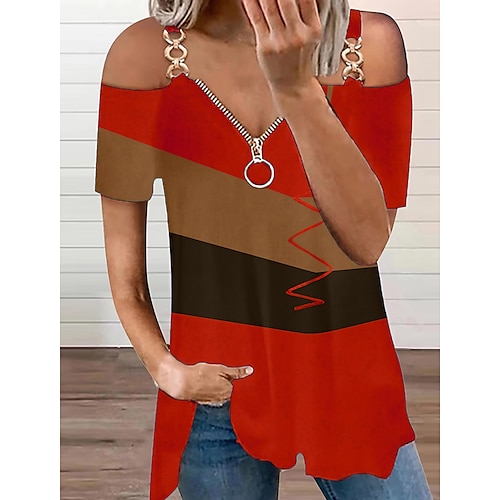 

T shirt Tee Femme Rouge Bleu Orange Bloc de couleur Quarter Zip Imprimer Manche Courte Casual basique Col V Normal Standard S