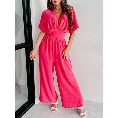 

Combinaison Femme Dos Nu Taille haute Couleur unie Col V Vêtement de rue Plein Air Vacances Standard Manche Courte Rose Claire S Eté