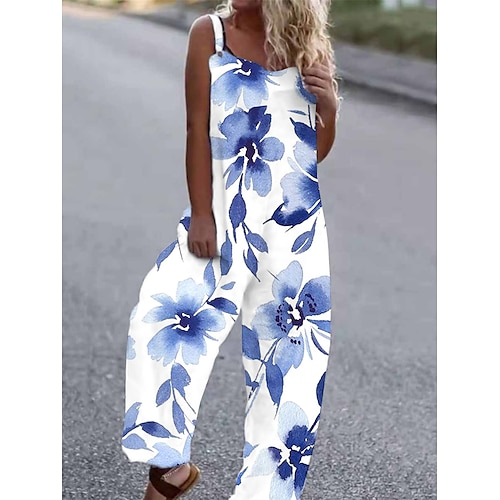 

Damen Latzhose Bedruckt Blumen Quadratischer Ausschnitt Brautkleider schlicht Täglich Urlaub Haremshosen Lockere Passform Ärmellos Weiß Gelb Rosa S M L XL Sommer