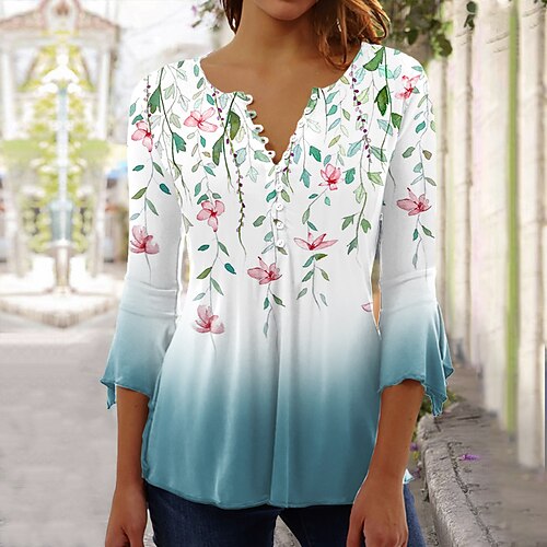 

Mujer Camisa Blusa Rosa Azul Piscina Morado Floral Botón Estampado Manga 3/4 Festivos Básico Escote Redondo Regular Flor S