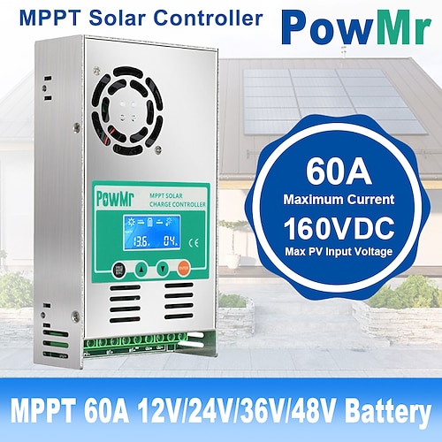 

controlador de carga solar powmr mppt 60a regulador de painel solar 12v 24v 36v 48v auto max pv 190vdc para bateria de lítio acidificada ao chumbo